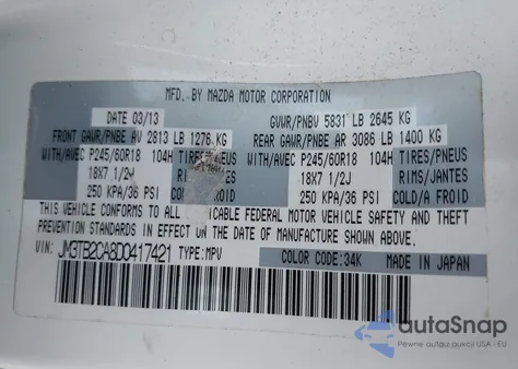 2013 Mazda Cx-9 Touring z USA, uszkodzony, nr VIN JM3TB2CA8D0417421